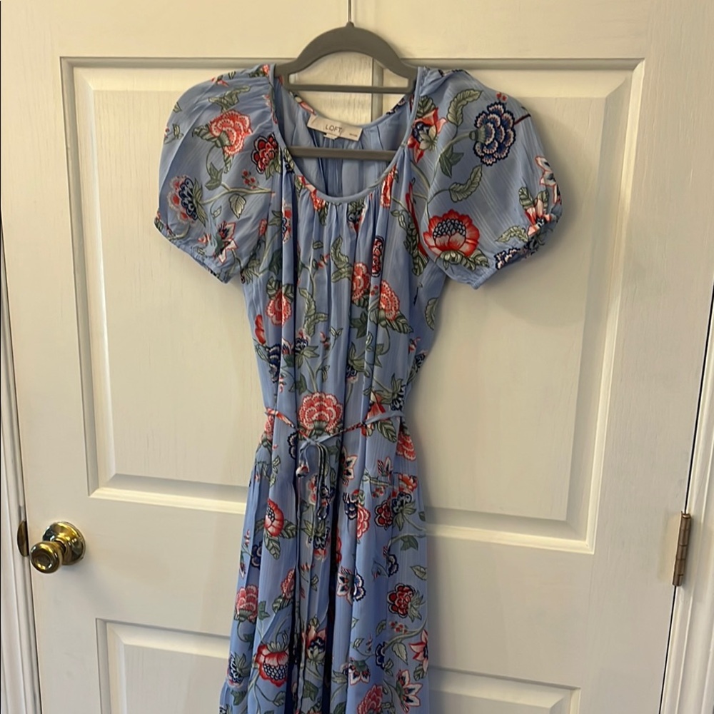 LOFT Maxi Dress, A light blue, red, white, navy and pink floral print. Size XSP.